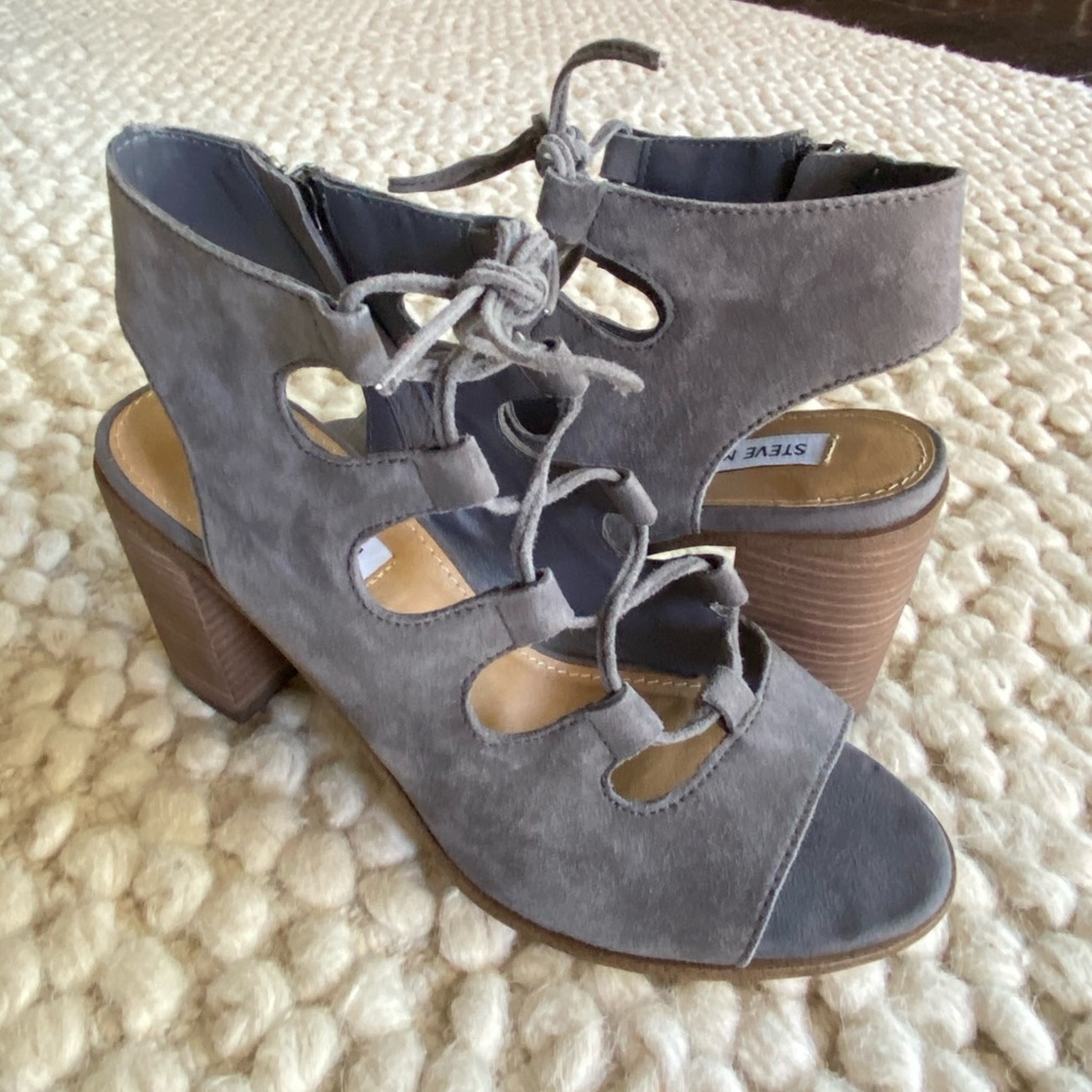Grey Taupe Suede Lace Up Open Toe Sandal Heels